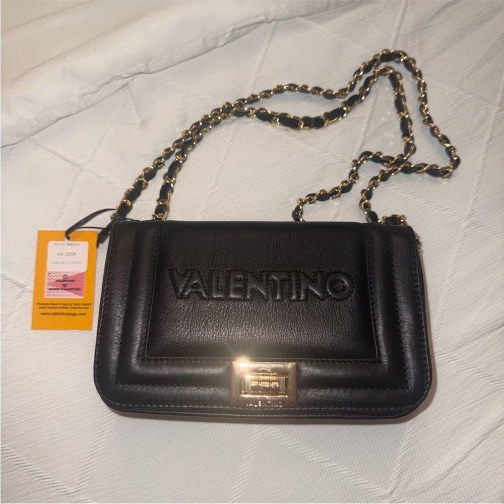 Valentino Black Leather Crossbody Bag with Gold Chain